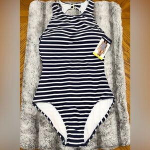 Lands' End Women's Striped One-Piece Swimsuit, Blue and White Stripes,